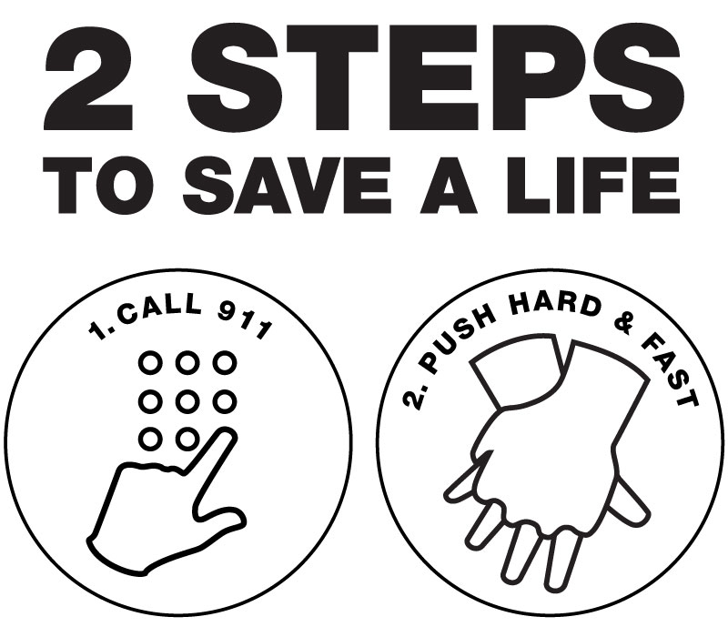 Two Steps to save a life. First, call 9 1 1. Second, push hard and fast.