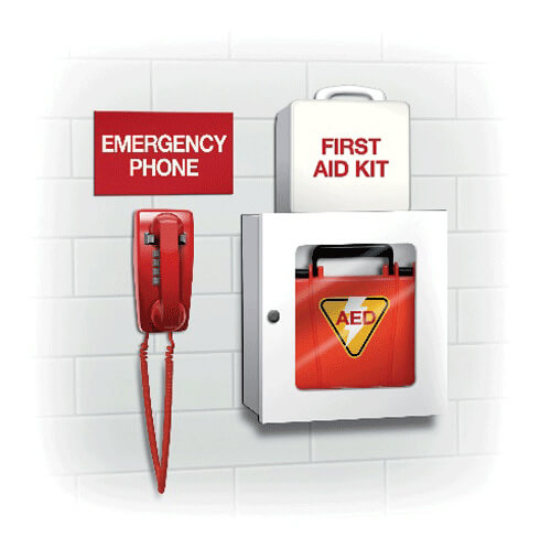 Illustration of emergency phone, first aid kit, and AED on a wall