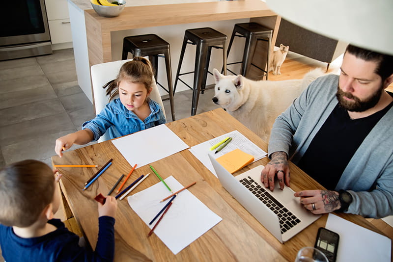 father uses laptop in kitchen while kids draw dog
