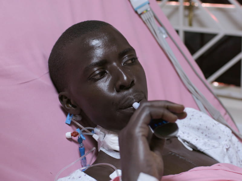 Gabriel Oluka at the Uganda Heart Institute in December 2018, two days after heart valve replacement surgery. (Photo courtesy of the Oluka family)