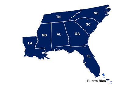 southeastern_states_region_900x600_names_optimized Southeastern States Region TN,NC,LA,MS,AL,GA,SC,FL,PR