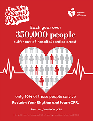 Reclaim Your Rhythm flyer over 350,000 people suffer out-of-hospital cardiac arrest image