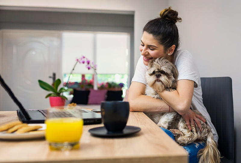 woman using laptop hugs dog